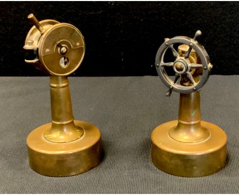 A novelty brass cigar cutter, as a Ships Engine telegraph, the speeds in German,;  another as a ships wheel (2) 