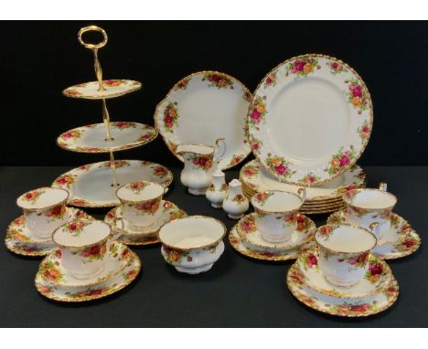 A Royal Albert Old Country Rose pattern dinner set, for six, inc three tier cake stand, dinner plates, cups and saucers  etc,