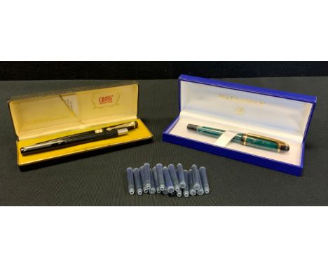 A Waterman fountain pen, green marbleised body, boxed;  another parker etc cross box 