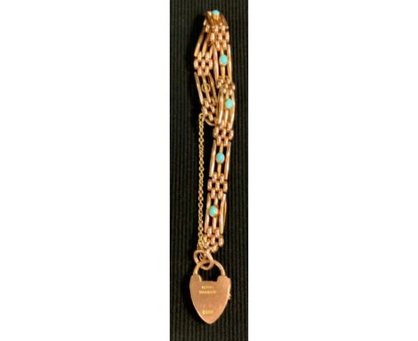 A 9ct rose gold turquoise cabochon set gate bracelet, padlock clasp, 14.6g gross 