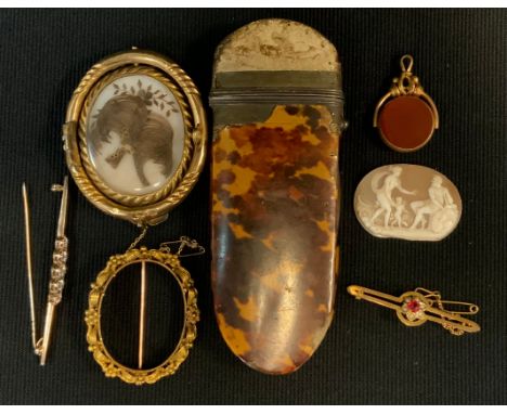 A Victorian pinchbeck mourning brooch, photographic front, hairwork panel verso;  cameo panel, Athena, Poseidon &amp; Eros, o