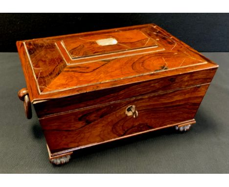 A Victorian rosewood work box, the lid inlaid with mother of pearl, carved bun feet, 15cm high, 34cm wide, 22.5cm deep 
