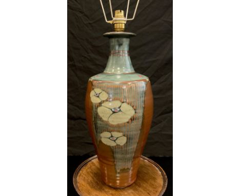 Studio Pottery - David Frith and Margaret Frith stoneware lamp base, Tenmoku and Celadon type glaze, makers mark to side at b