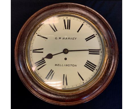 An early  20th century G W Harvey of Wellington oak cased fusee wall clock, cream dial, bold Roman numerals, single winding h