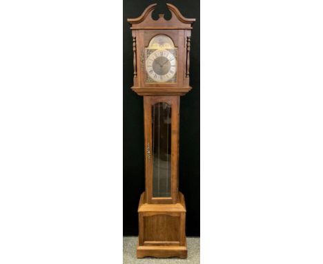 A Long case clock, by Emperor Clock Company, Germany, walnut stained hardwood case, swan-neck pediment, brass dial with Roman