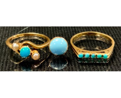 A turquoise and seed pearl twist crest ring, 18ct gold shank, size O;  another straight, 18cct gold shank, size P, 5.0g gross