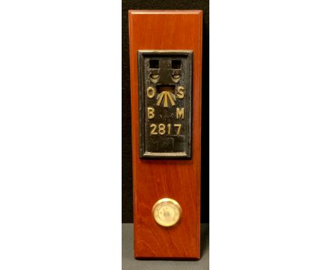 An Ordinance Survey trig pillar plate, OSBM with broad Arrow, number 2817, mounted above a thermometer 45cm x 12.5cm overall 