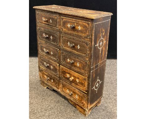 A stained pine collector’s chest / cabinet, over-sailing top, ten small drawers, mother-of-pearl inlay, bracket feet, 75cm hi