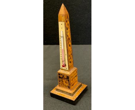 A Tunbridge ware obelisk desk thermometer, 19.5cm high 