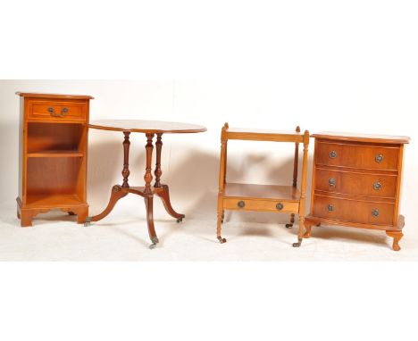 A collection of Regency Revival 20th century yew wood veneer furniture to include a circular coffee / occasional table being 