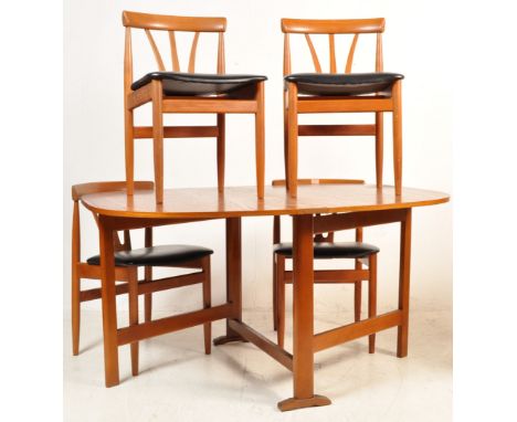 A set of four vintage retro mid 20th century Danish inspired teak wood frame dining chairs and space saver drop leaf dining t