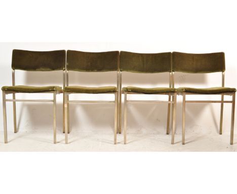 A set of four vintage retro 1970's&nbsp; dining chairs / stacking chairs by Ness. The chairs having green upholstery and squa