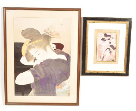 A large contemporary polychrome print of a Japanese girl tying her hair. Framed and glazed. Measures 101cm x 78cm. Together w