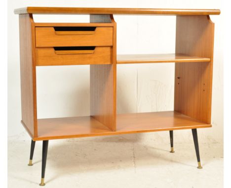 A vintage retro 20th century teak wood Hi-Fi entertainment unit of a rectangular form with open back, two drawer to the top l