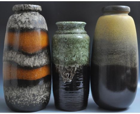 A collection of three vintage retro 20th century circa 1970s West German / Fat Lava style ceramic porcelain vases. The collec