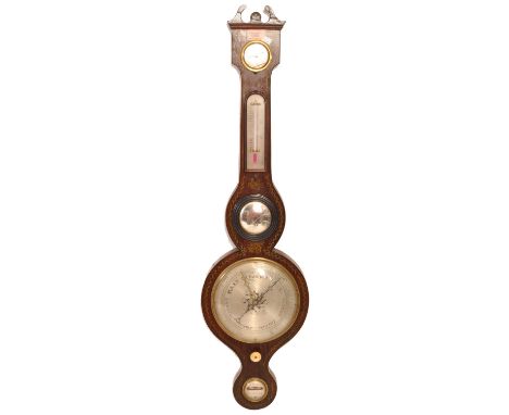 A late 18th century George III rosewood banjo barometer having gilt detailing throughout, a swan neck pediment top over a the