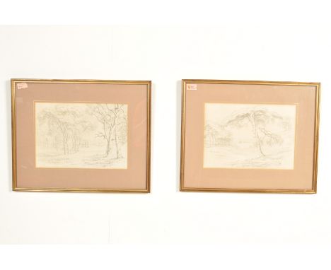 A pair of early 19th Century pencil drawing depicting countryside scenes with pine trees and sailing ships on the sea to the 