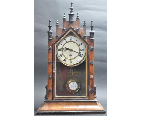 A late Victorian century American Ansonia style mantle clock having a 24 hour movement walnut veneer case and the top being d