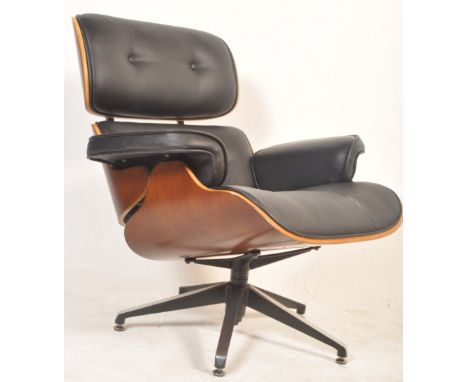 A mid-century style reproduction leather and panel wood swivel armchair in the manner of Charles Eames. The swivel armchair b