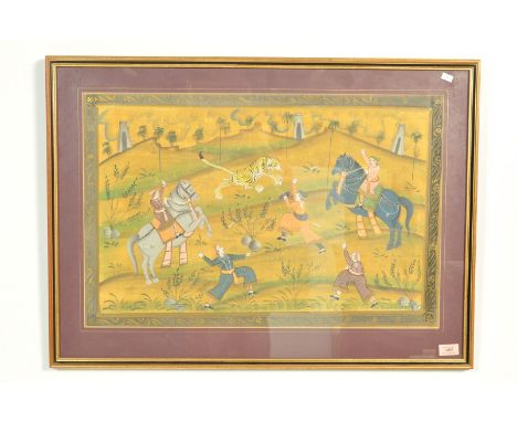 A 20th Century Indian gouache painting depicting a tiger hunt with two riders on horses and men of foot with spears hunting t