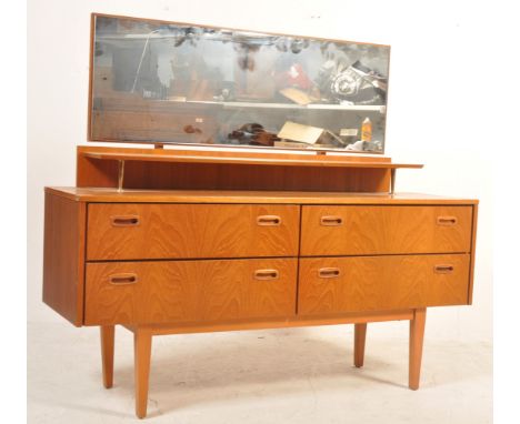 A retro vintage 20th century circa 1970s teak wood sideboard credenza having a single shelf to the top with brass tapering su