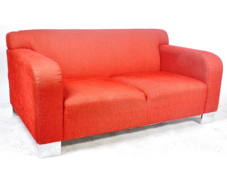 SITS - A contemporary red fabric upholstered designer two seater sofa settee of simple form in the manner of BB Italia. Cushi