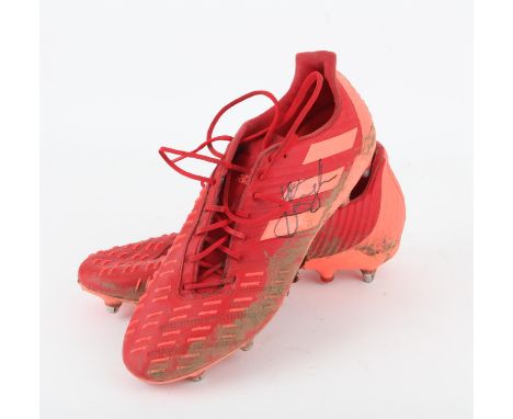 Rugby - Nathan Hughes Match Worn red Adidas boots from his Challenge Cup final match v Toulon. Each boot has been signed by N