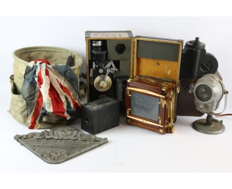 Film making equipment from estate of Dougie O' Neons, Gandolfi camera, MGM Power Plant Model plaque from 1949, camera bag and