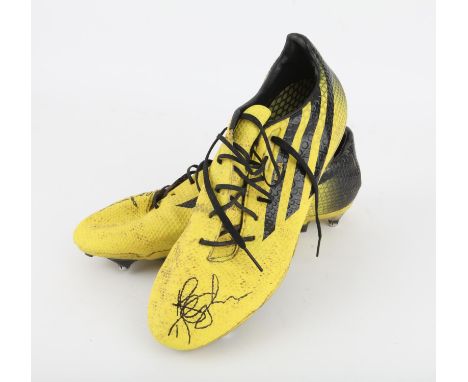 Rugby - Nathan Hughes Match Worn yellow Adidas boots from his first game for Wasps in 2013. Each boot has been signed by Nath