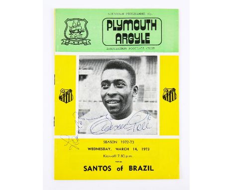 Pele - Plymouth Argyle v Santos of Brazil football programme from March 14th 1973, signed to the front by Pele and to the rev