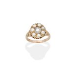DIAMOND AND HALF PEARL CLUSTER RING