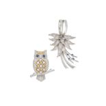 GEM-SET FOLIATE PENDANT/BROOCH; E.WOLFE & CO. DIAMOND AND GEM-SET OWL BROOCH (2)