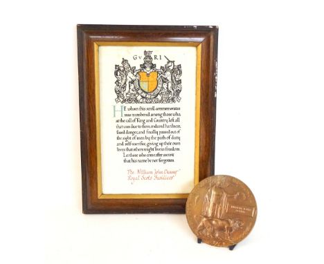 WWI MEMORIAL PLAQUE
together with framed scroll named to (Pte.) 'William John Denny' (Royal Scots Fusiliers) (2)