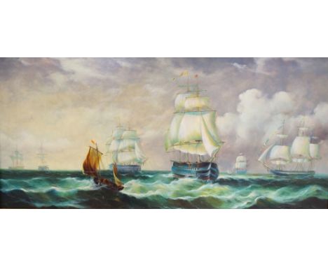 C CHAPLIN (circa 1900)
Warships and vessels at sea, and Warships with boat coming ashore in foreground, two oils on panel, si
