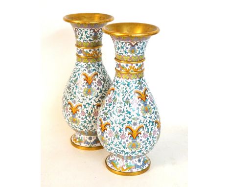 PAIR OF VINTAGE CHINESE CLOISONNE AND GILT BALUSTER VASES
with banded necks, colourful floral and foliate decoration on white