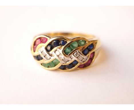 DIAMOND, SAPPHIRE, EMERALD AND RUBY DRESS RING
on nine carat gold shank, ring size Q, with box