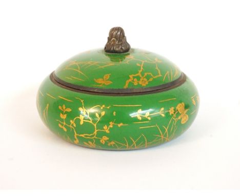 SILVER AND ENAMEL TRINKET BOX AND COVER
the green enamel circular box and cover with gilt painted bird and foliate decoration