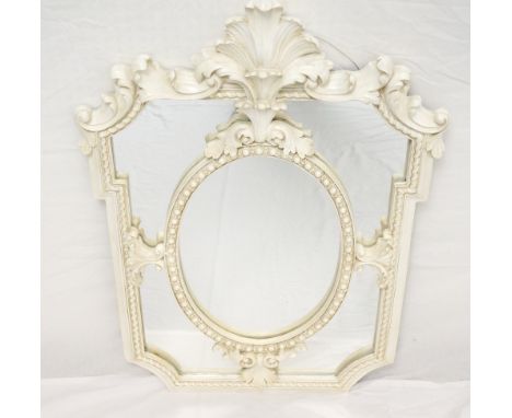 18th CENTURY STYLE WALL MIRROR
with decorative acanthus leaf, raised cabochon and twist design to shaped frame, 92cm high x 6