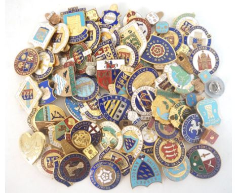 COLLECTION OF BOWLING CLUB LAPEL BADGES
most with enamel decoration, 1 box