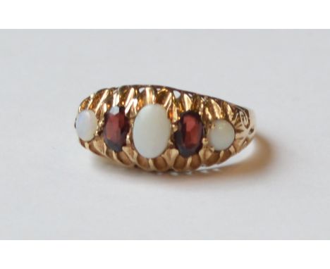 GRADUATED OPAL AND GARNET FIVE STONE RING
on nine carat gold shank, ring size N-O