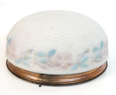1920's CIRCULAR HANGING CEILING LIGHT
with a metal rim with three suspension hooks above a frosted glass shade decorated with