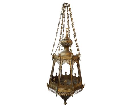 LARGE TURKISH BRASS HANGING LAMP
with a suspension hook with decorative chains to the hexagonal tapering body surmounted by a