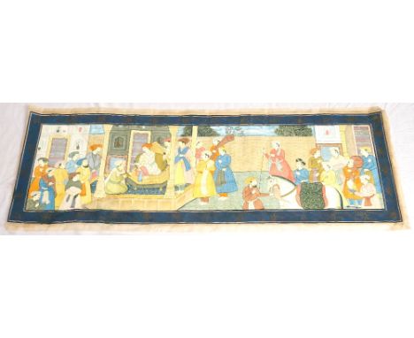 INDIAN HANDPAINTED SILK PANEL
decorated with Merchants arriving at Palace with gifts for the Maharaja, 43cm high x 111cm wide