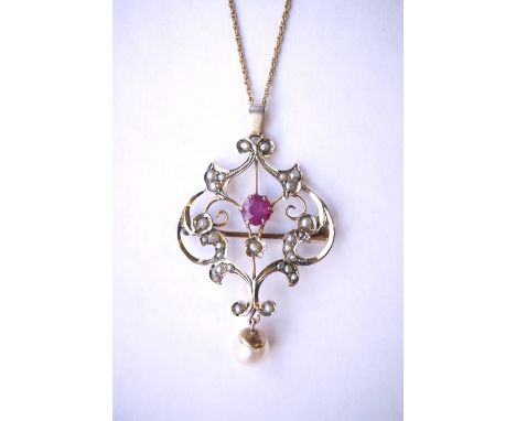 RUBY AND SEED PEARL HOLBEIN PENDANT
in nine carat gold and on nine carat gold chain