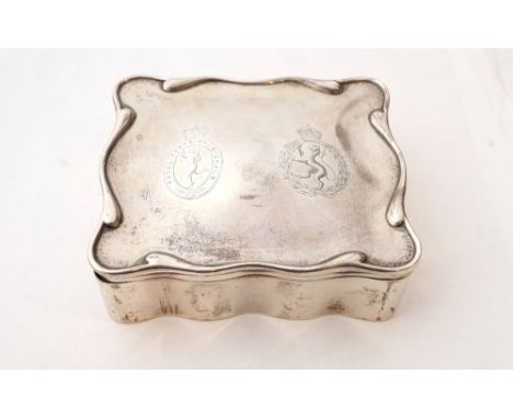 EDWARDIAN SILVER JEWELLERY BOX
the hinged cover engraved with the Royal Corps of Signals emblem and the emblem for the Women'