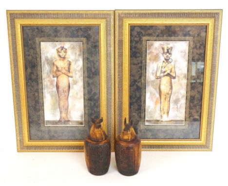 PAIR OF EGYPTIAN RESIN JARS
decorated with hieroglyphics, the lids with an Anubis and a mythical figure; and a pair of prints