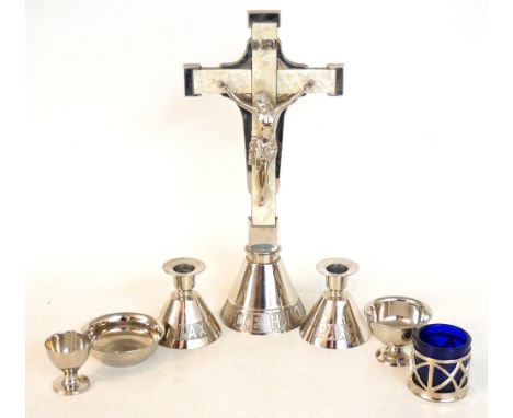 GERMAN STAINLESS STEEL TRAVELLING COMMUNION SET
comprising a crucifix, pair of candle sticks, wafer dish, blue glass tea ligh