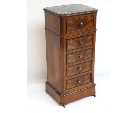 19th CENTURY FRENCH WALNUT BEDSIDE COMMODE
with canted corners and a grey marble top above three panelled drawers and a doubl