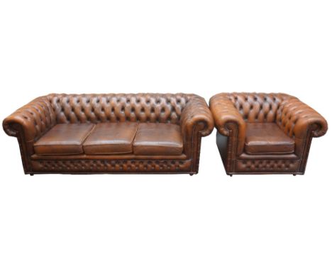 CHESTERFIELD THREE SEAT SOFA
in tobacco brown leather, with a button back and scroll arms, 200cm wide, together with a matchi