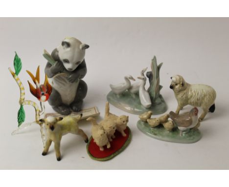 Nao panda, geese and chickens, Beswick sheep, glass bird etc